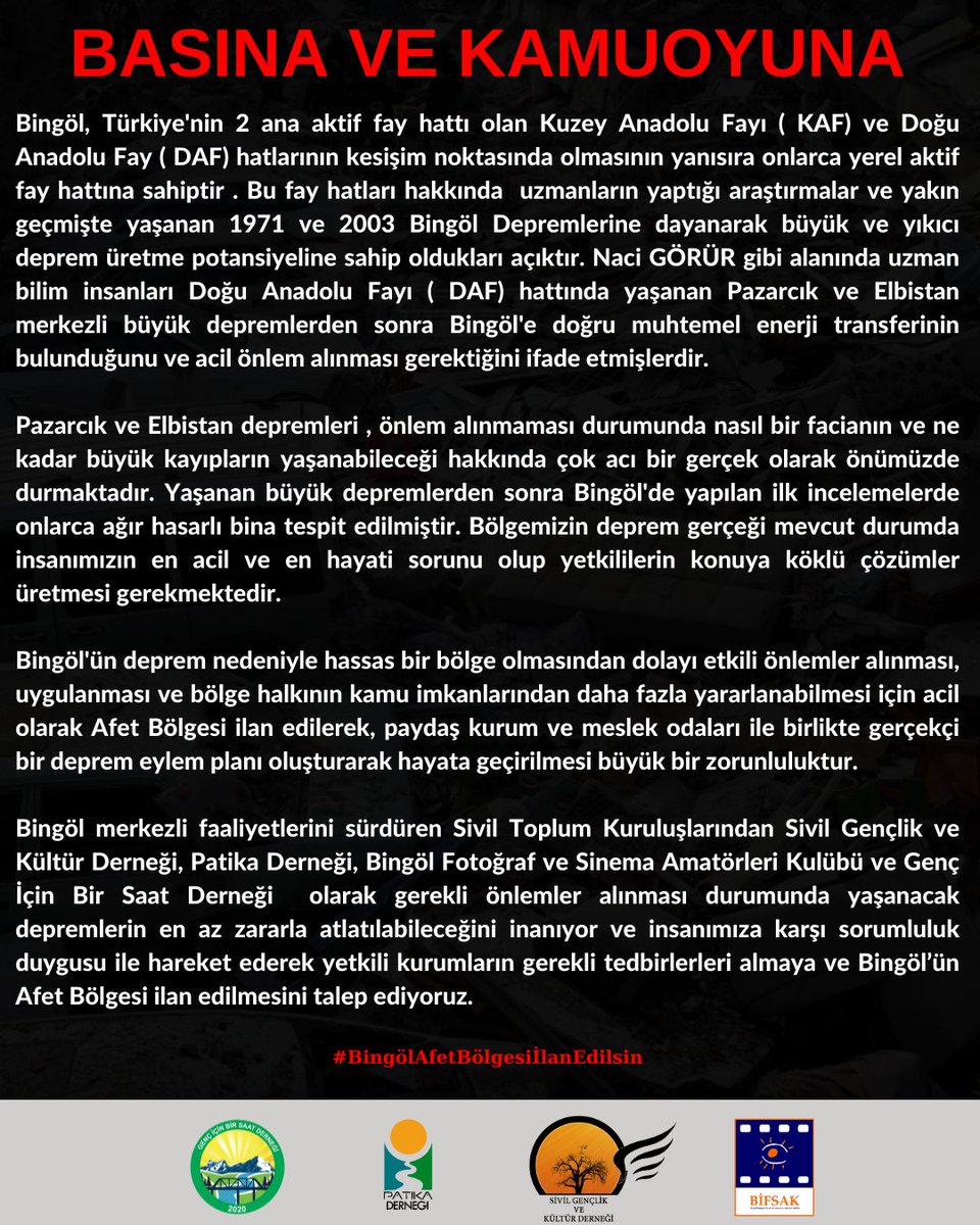 Bingölün Afet Bölgesi ilan edilmesine yönelik 4 sivil toplum kuruluşu ile yapmış olduğumuz ortak açıklamamızı görüntüleyebilirsiniz.

Açıklamayı yapan Stk'lar;
-Patika Derneği 
-Sivil Gençlik ve Kültür Derneği
-BİFSAK
-Genç İçin Bir Saat Derneği
#BingölAfetBölgesiİlanEdilsin