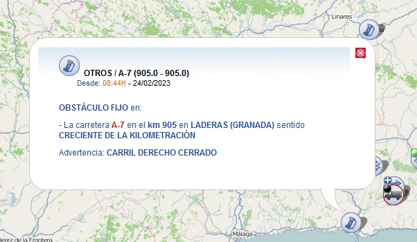 ⚠️ #Actualización corte de la A-7 por incendio de camión:
- Permanece cortado el carril derecho a la altura del km 905 sentido #Málaga
- Incendio extinguido, sin heridos. 
- Camión permanece en el lugar a la espera de retirada
<a href="/DGTes/">Dir. Gral. Tráfico</a>