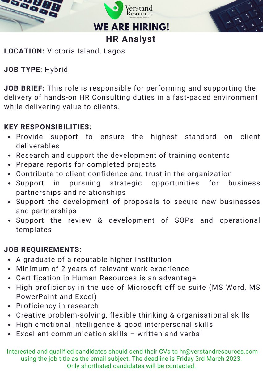 verstandresourc's tweet photo. We are hiring!

#hranalyst #hrconsulting #hiring #vacancy #jobopportunity #verstandresources https://t.co/Kub7j5vxcF