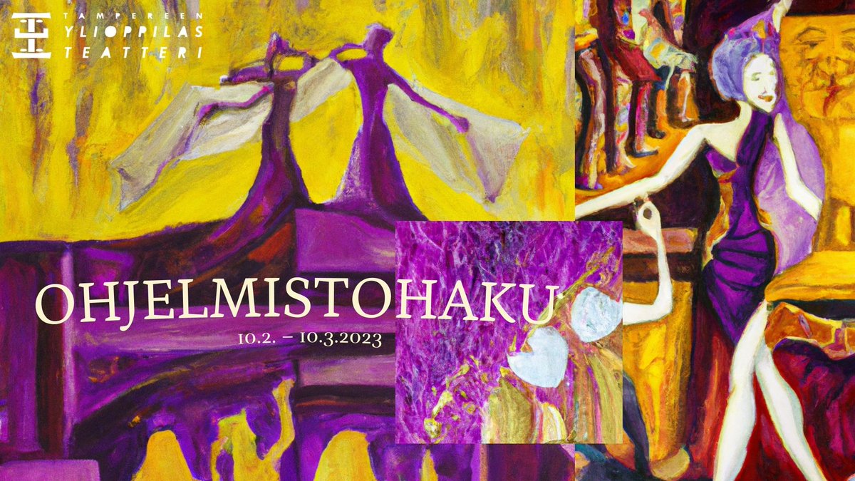 <a href="/TampereenYT/">Tampereen Ylioppilasteatteri</a> Ohjelmistohaku kauden syksy 2023-kevät 2024 ohjelmistoon on käynnissä 10.3. klo 23.59 asti! Hakuohjeet:
tayt.fi/tampereen-ylio… #teatteri #rekry #Tampere