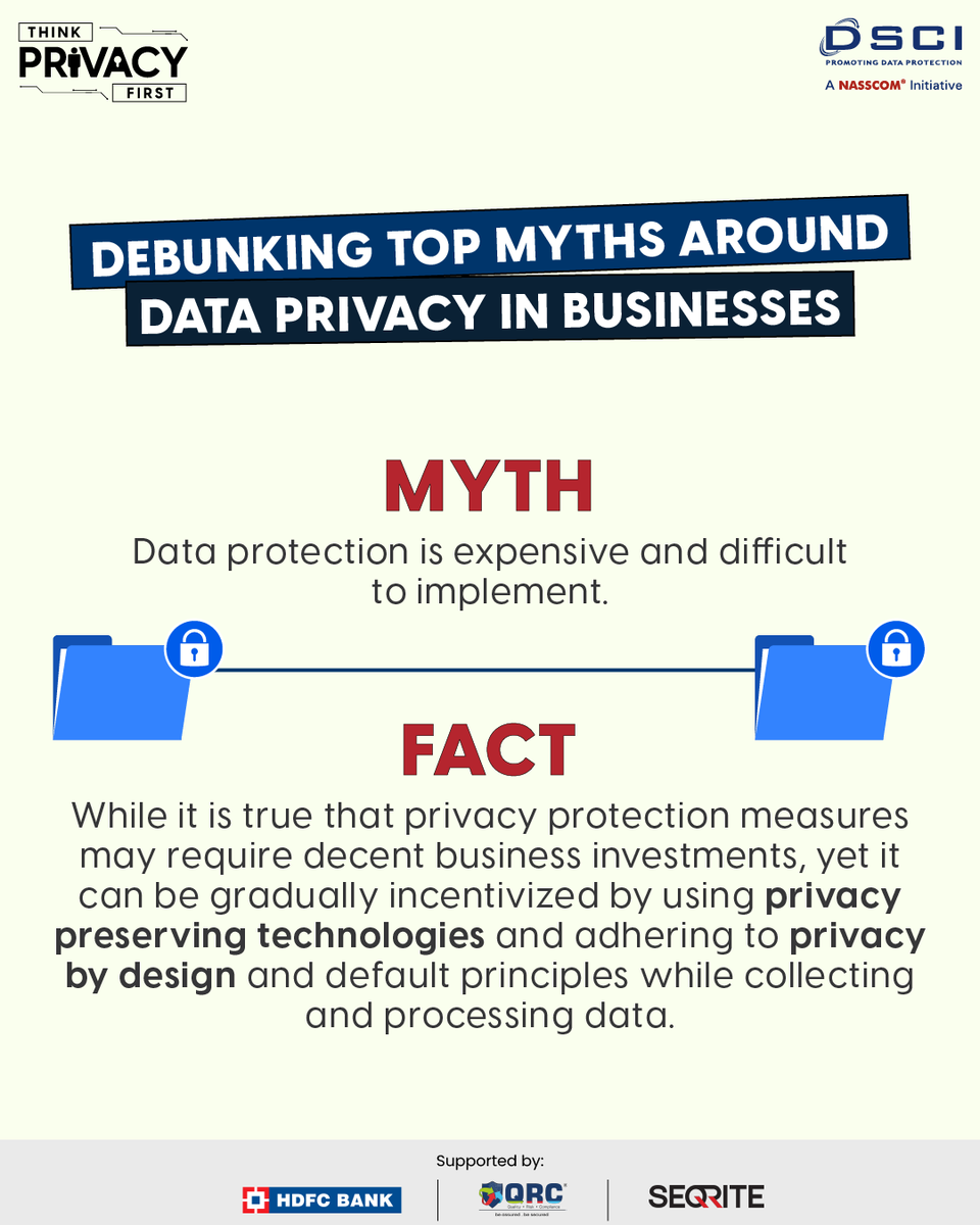 DSCI_Connect's tweet photo. #ThinkPrivacyFirst | We present to you the breakdown of some mistaken beliefs related to data #privacy in the context of businesses.
Explore the complete Myths and Facts series here:
https://t.co/KWS8y0xNun https://t.co/qDSOeLHFiF