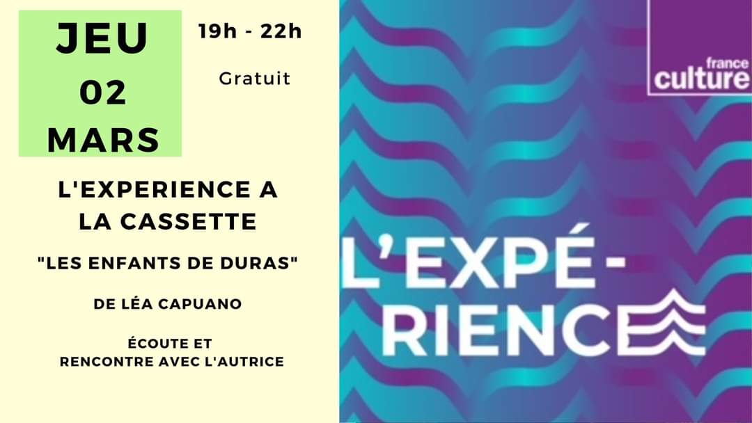 📢 Jeudi prochain,  nous aurons le plaisir de relancer nos écoutes en partenariat avec L'expérience de <a href="/franceculture/">France Culture</a> . 🟣
Nous recevrons <a href="/leacapuano/">Léa Capuano</a> pour l'écoute de "Les enfants de Duras". 🎧
Entrée libre et gratuite !✅️