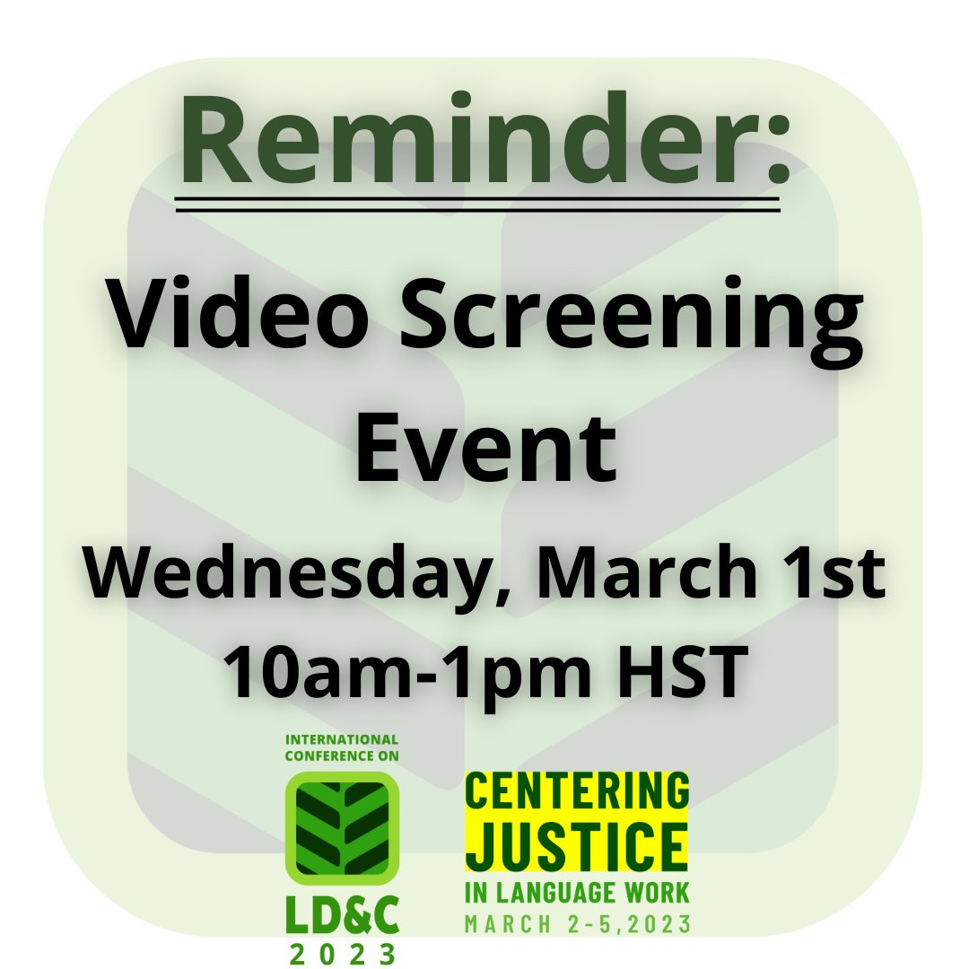 ICLDC_HI's tweet photo. Reminder: our pre-conference video screening event is this Wednesday! Make sure you’re registered for ICLDC8 to gain admission to the event, and we look forward to seeing you then! https://t.co/L8mlbThqh6 #icldc #icldc8 https://t.co/uDoWtTcliY