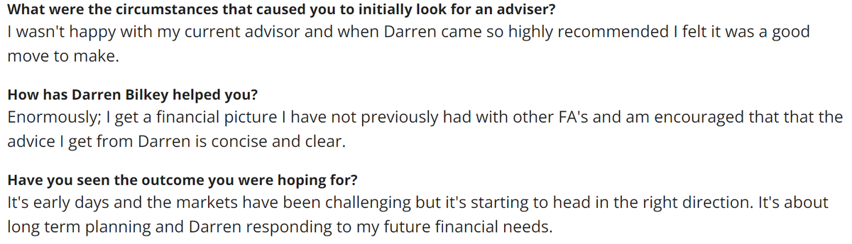 Good start to a Friday with this feedback 😊 "Financial picture" is my favourite bit!

Prioritize Financial Planning over Products for success.
 
Simplicity outperforms sophistication. 

Do you have a financial plan? #financialplanning 

vouchedfor.co.uk/financial-advi…