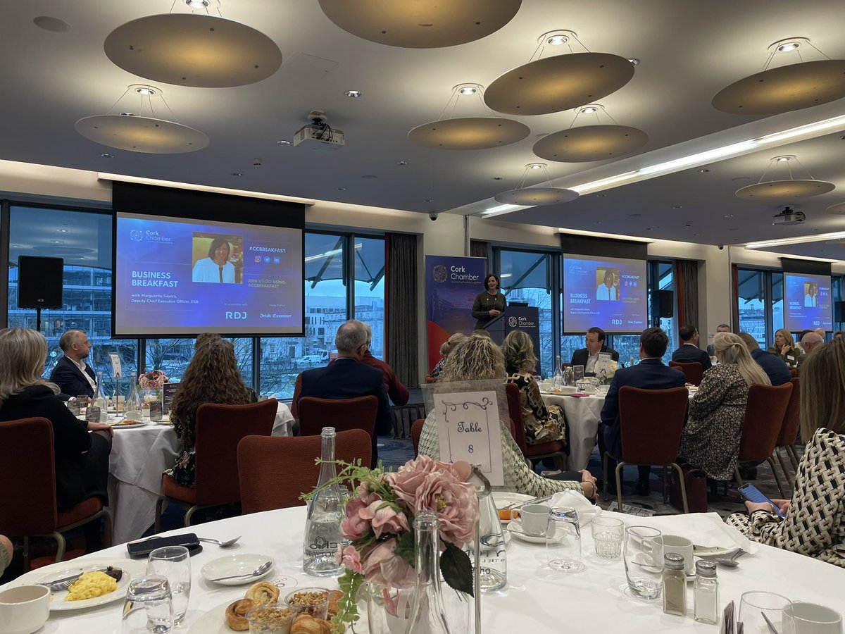 An engaging and educational keynote this morning by Marguerite Sayers, Deputy CEO <a href="/ESBNetworks/">ESB Networks</a> at <a href="/CorkChamber/">Cork Chamber</a> #ccbreakfast discussing the current and future state of Irelands #energysupply