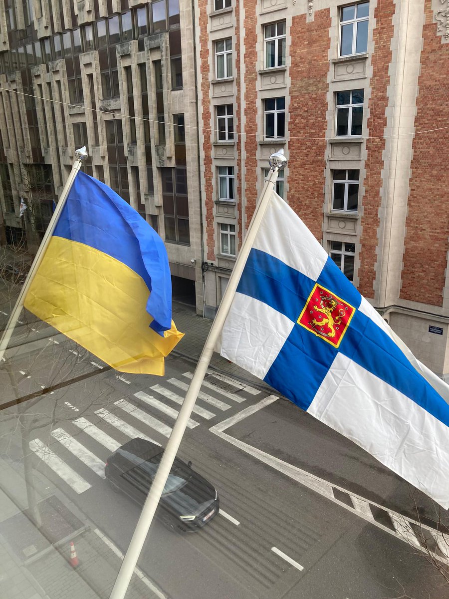 FinlandinEU's tweet photo. Today marks one year after Russia’s invasion of Ukraine. @FinlandinEU firmly supports 🇺🇦’s independency, sovereignty and territorial integrity. 

We stand in solidarity with Ukraine and its people. 💙💛 

#StandWithUkraine https://t.co/opzzKKY57T