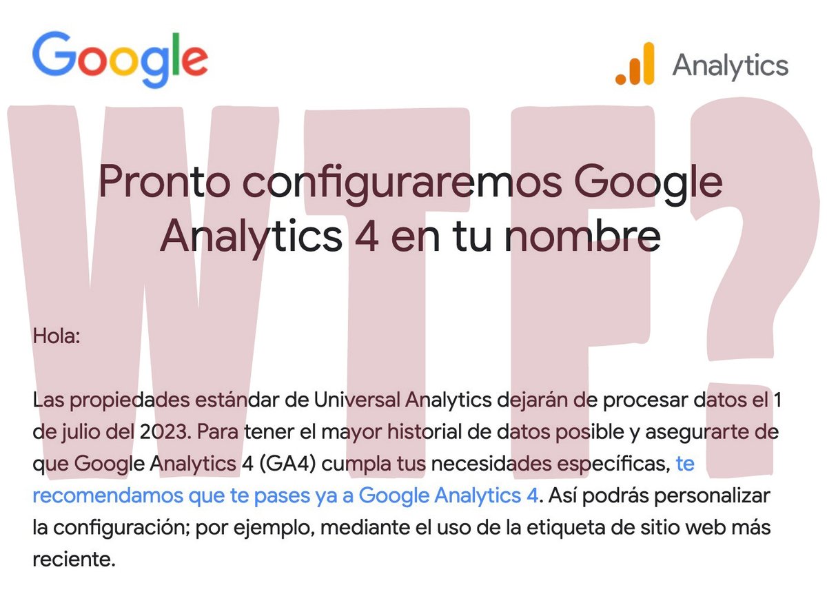 ¿Has recibido un mail informando de que #GoogleAnalytics pronto configurará #GA4 en tu nombre para una propiedad que tienes en Universal Analytics? Si ya la tienes migrada te habrá inquietado. ¿Tengo que esperar a que se genere y después borrarla a mano?
NO👇
