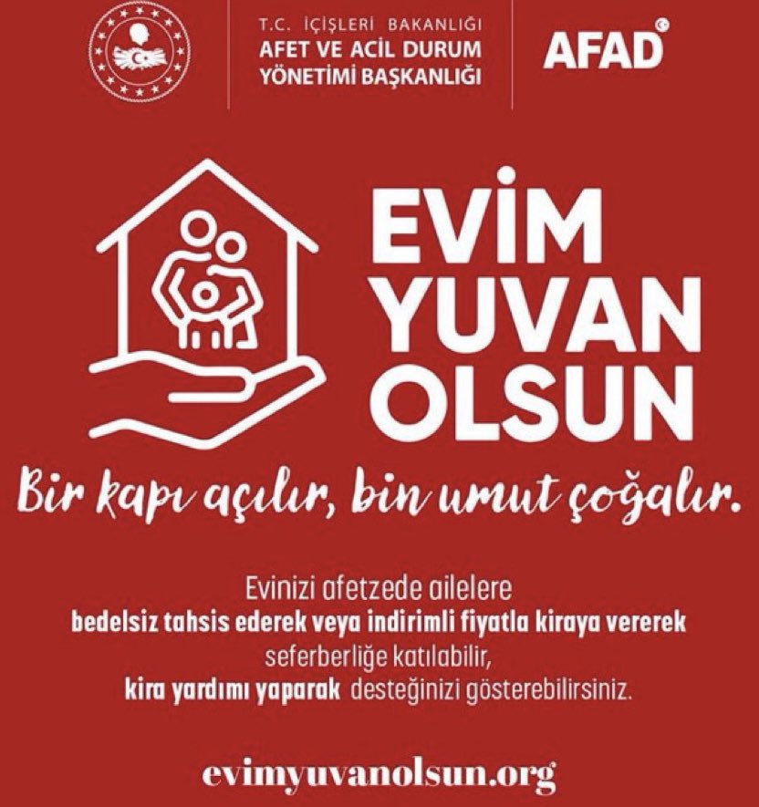 Kardeşlik hukukuyla
ihtiyacınız olmayan ve kullanmadığınız evinizi;
-Bedelsiz tahsis 
-İndirimli bedelle kiraya vermek ya da
Kira desteği yoluyla.       
Depremde evini kaybeden deprem mağduru canlarımıza destek verebilirsiniz.
evimyuvanolsun.org