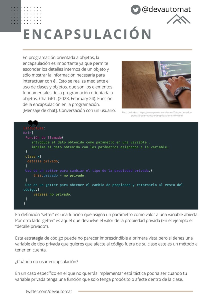 gaeldev_js's tweet image. La encapsulación fue el tema que repasé esta noche, tw me motivó a compartir mis notas así que aquí están:
#ProgramaciónOrientadaAObjetos #Encapsulación #tesci #development