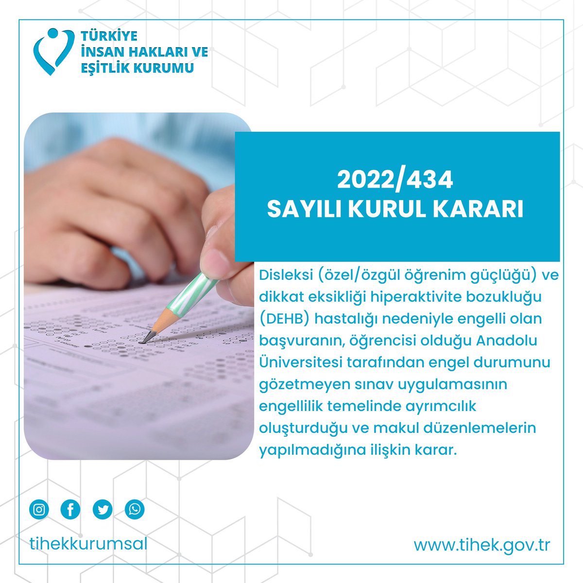 tihek_kurumsal's tweet photo. 📍TİHEK KURUL KARARI 2022/434
"Engel durumu gözetilmeyen sınav uygulamasının engellilik temelinde ayrımcılık oluşturduğuna ilişkin karar."
https://t.co/zehxMFt5z5
@muharremkilic1 https://t.co/zSiqnETnx8