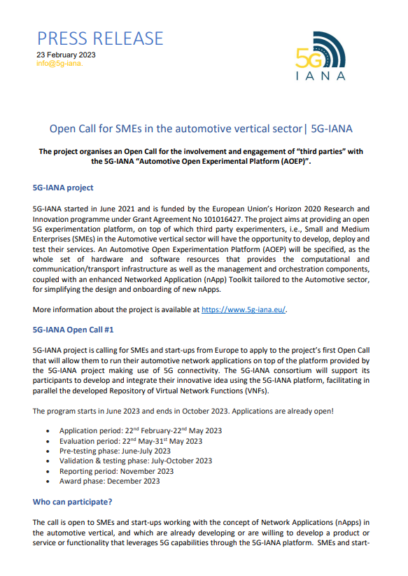 IANA_5G's tweet photo. 📢 #5GIANA second press release published 📰❗  It announces #5GIANA first #opencall for SMEs in the automotive vertical sector. 

You can read on our website here 👉https://t.co/KjmQxhARgM 

#5GIANAOpenCall #OpenCall #SMEs #5G #Automotive #H2020 #5G https://t.co/4h9YTzJtF0