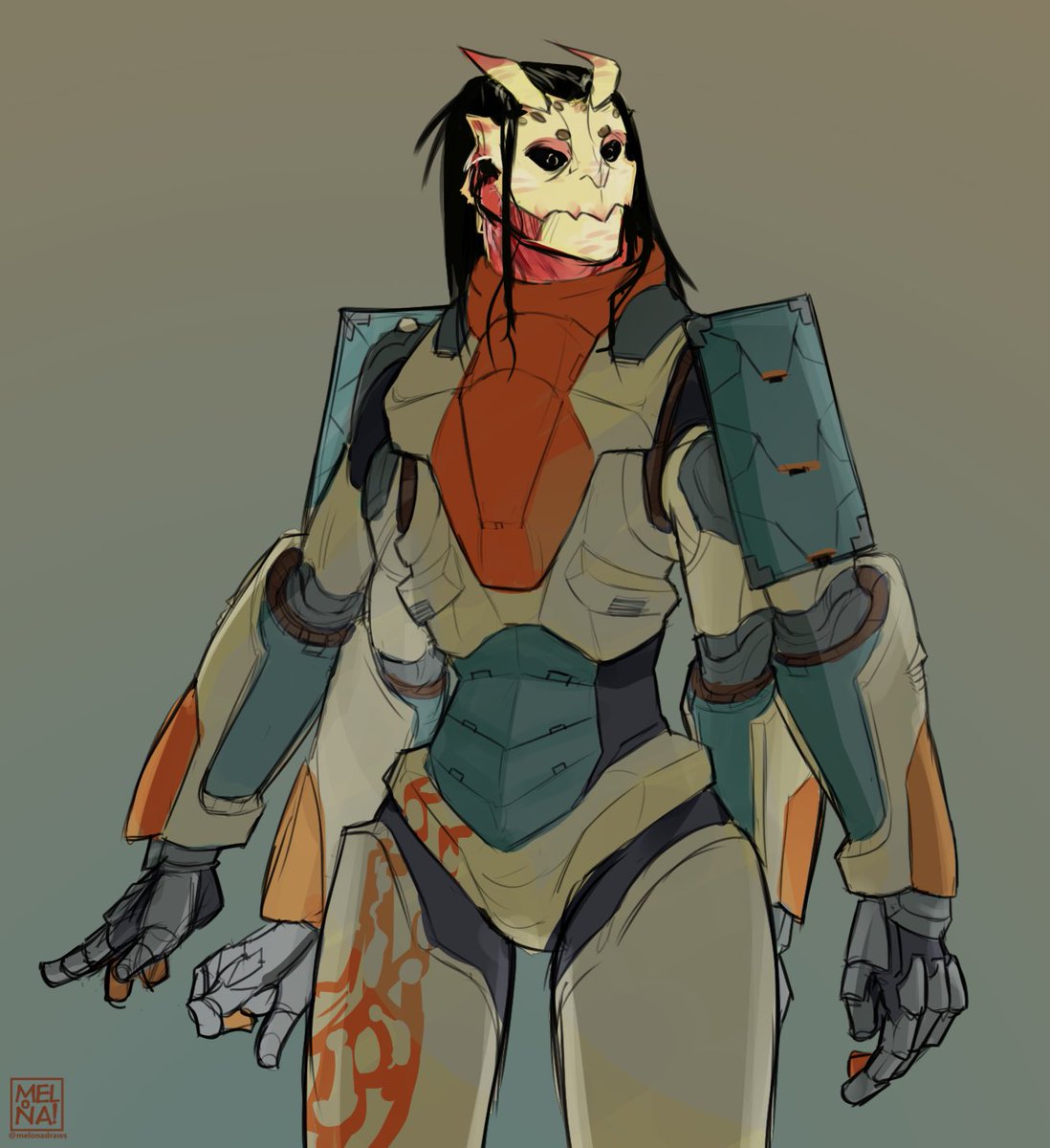 MelonaDraws's tweet photo. I’ve been having fun doodling me and my friends’ table top characters! look!! My first sci-fi armor and original alien character! I did NOT reference any Mass Effect and yet they ended up looking like a Turian aaaahh;;;; https://t.co/8tG09F8B7f