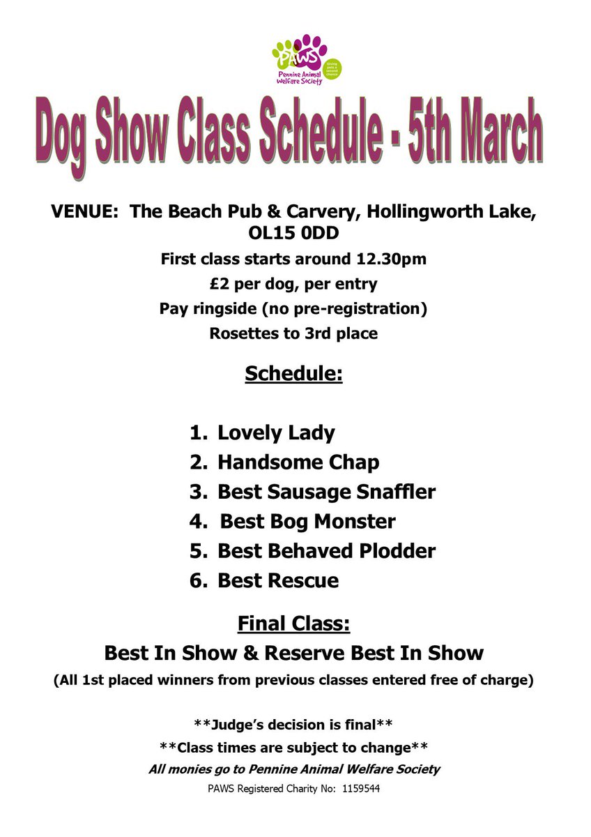 Michele our dog show expert has already drawn up the class list for the Dog Show! It’s on Sunday 5th March after our dog walk at 12.30pm. You can pop along even if you haven’t joined in the walk. May the best pup win! #UK #Todmorden #fundogshow