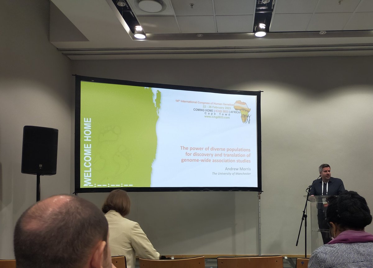 Kait_Flynn's tweet photo. Andrew Morris talking at #ICHG2023 about the power of diverse populations for discovery and translation of #GWAS . https://t.co/JbCqblBxXM