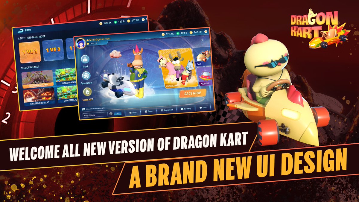 💥Wellcome All New Version Of Dragon Kart 

One of the obvious changes in this All-new version is the update of the entire interface design. 
Dragon Kart will bring you a super cool external menu such as Menu, Inventory, Upgrade, Spin Wheel, Characters, weapons, and Practice ...