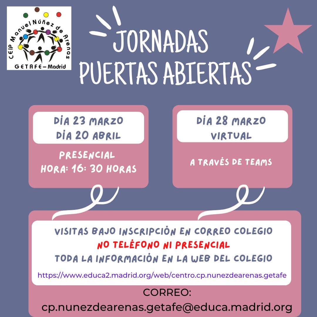 CpNunezgetafe's tweet photo. Jornadas de puertas de puertas abiertas curso 2022-2023
Enlace a la web del colegio: https://t.co/4GnyvGetBx https://t.co/z2dkqjpe6Q