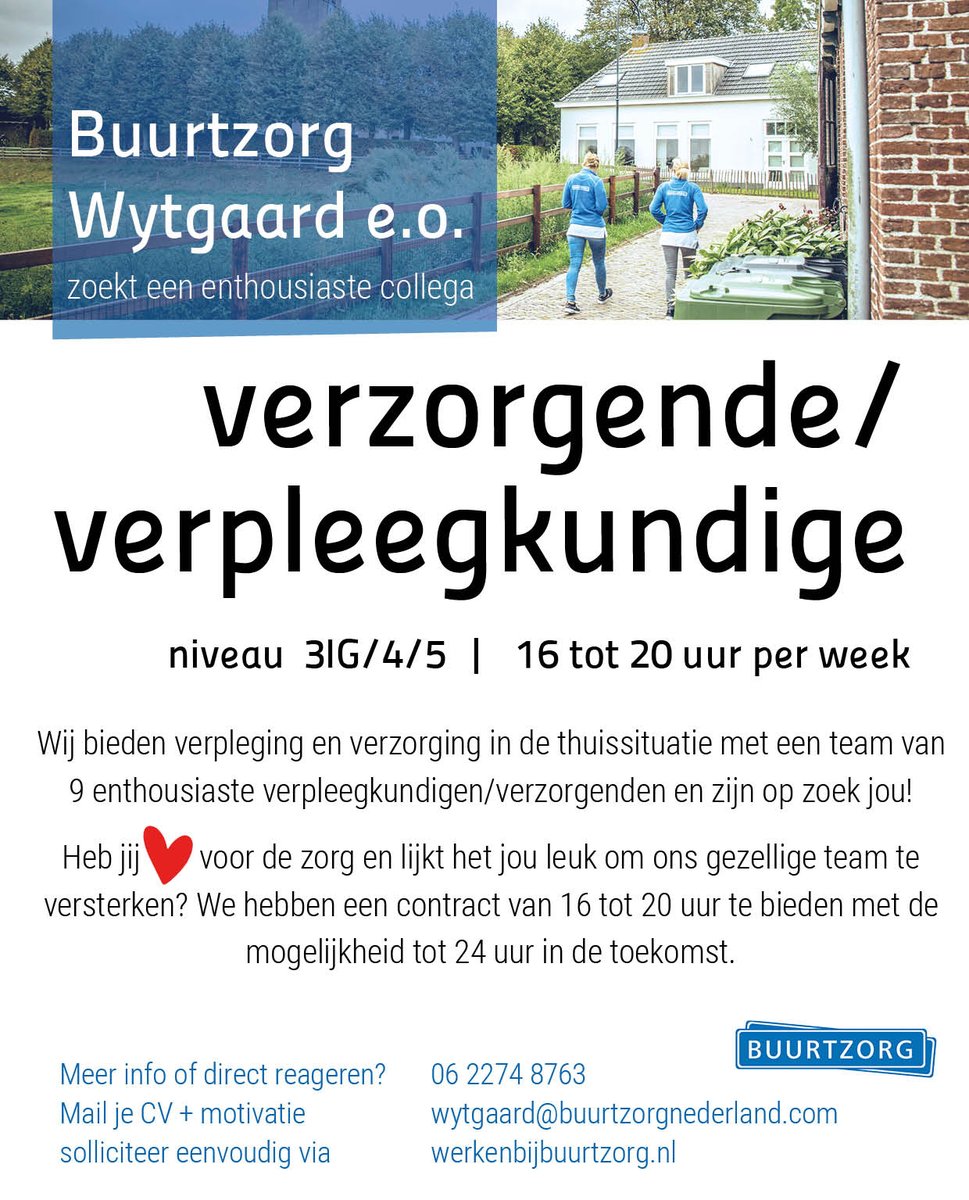 buurtzorg's tweet photo. #Buurtzorg #Wytgaard zoekt een enthousiaste #verzorgendeIG / #verpleegkundige #16tot20uur. Heb jij hart voor de zorg? Kom werken bij Buurtzorg! Solliciteer eenvoudig via https://t.co/NayOidFpPb https://t.co/DRG2o78j3R