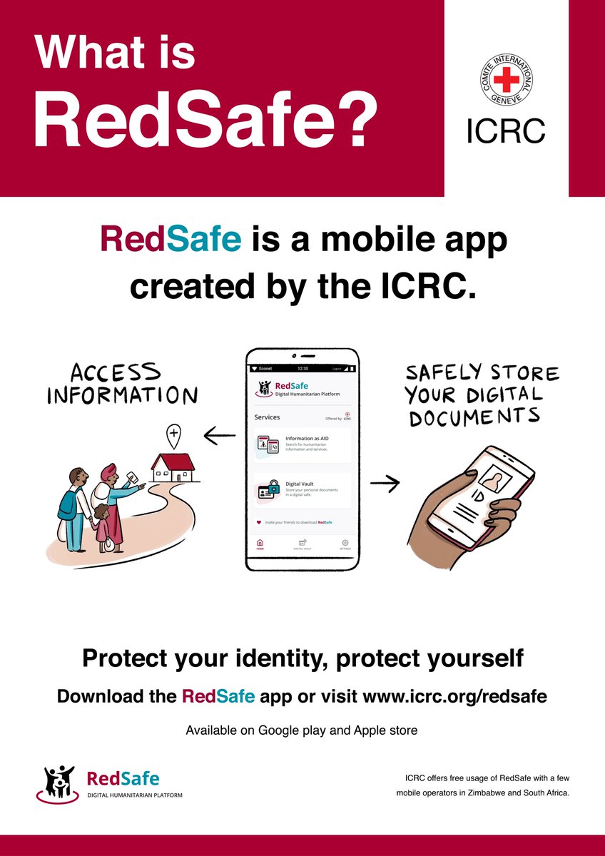 ICRC_SAfrica's tweet photo. Do you know what RedSafe is? 
Redsafe is an App created by the @ICRC providing safe and confidential access to services and information for people affected by conflict, migration and other humanitarian crisis.
Read more at https://t.co/pGwv0UtiZf https://t.co/VkGxxEWu06