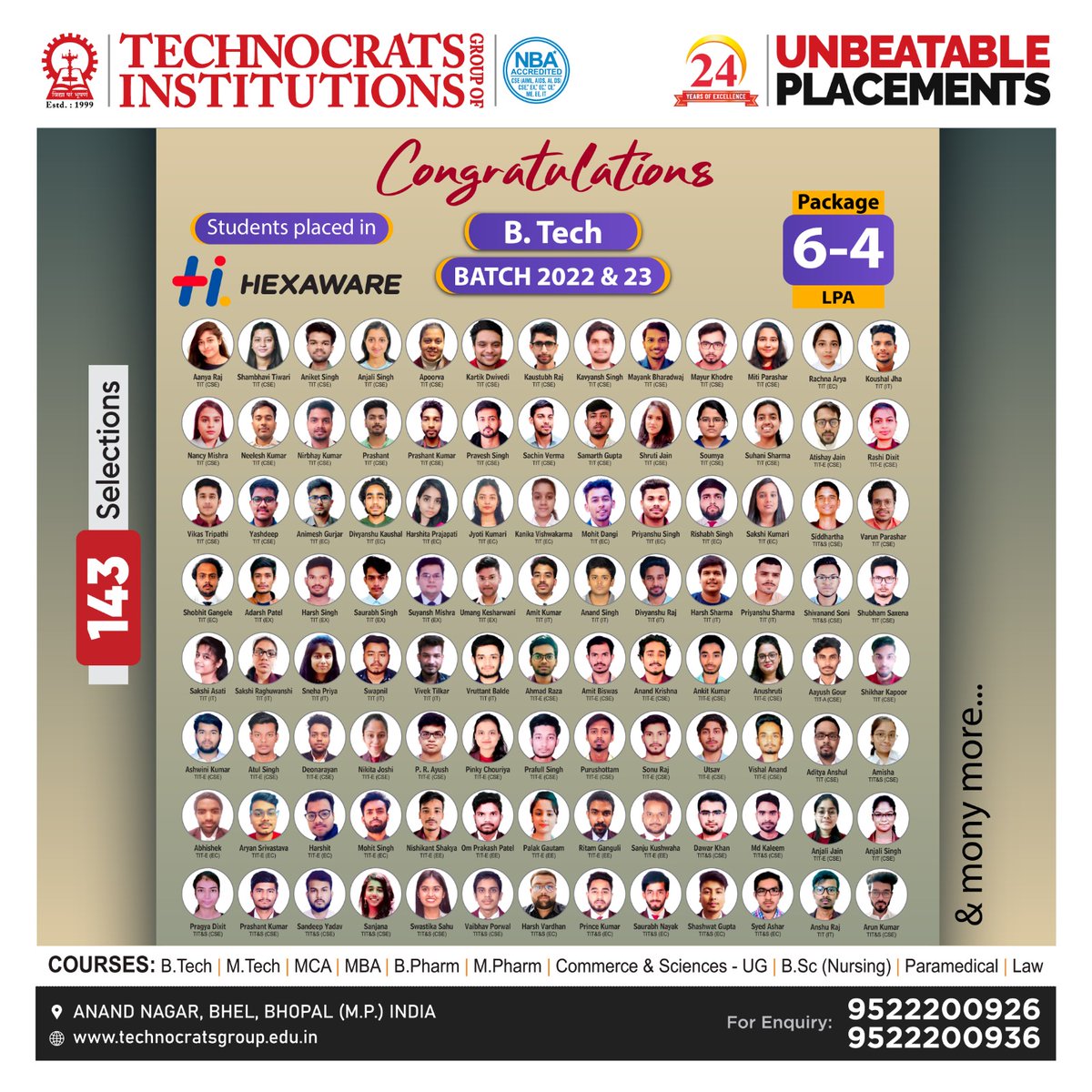 TechnocratsTIT's tweet photo. #Hexaware
#UnbeatablePlacements 
Technocrats Group of Institutions, Bhopal congratulates all the students who got placed in Hexaware Technologies. It is a leading Global IT Consulting &amp; Digital Solutions. 

#TechnocratsGroup #TITBhopal #Achievement #Success #EngineeringCollege https://t.co/yslMZ91mHB