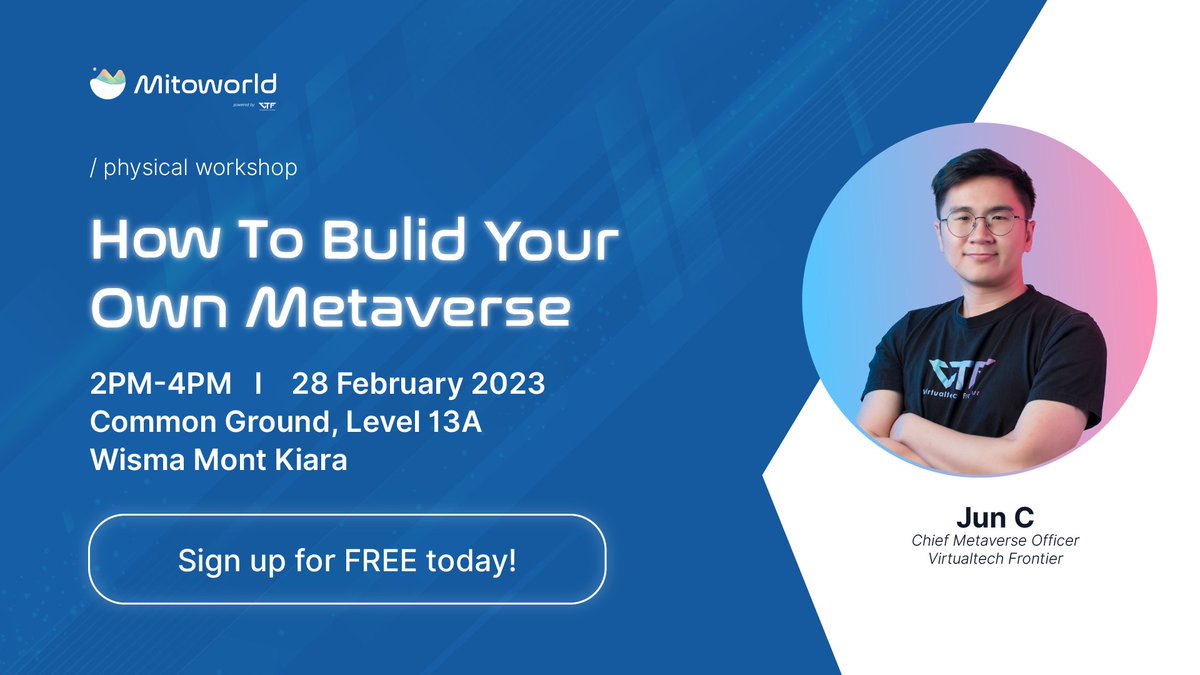 Hey everyone! <a href="/VTFrontier/">Virtualtech Frontier</a> is hosting a hands-on experience metaverse workshop. Build your own World with the help of our metaverse specialist! 

SIGN UP NOW! - eventbrite.com/e/548202417187