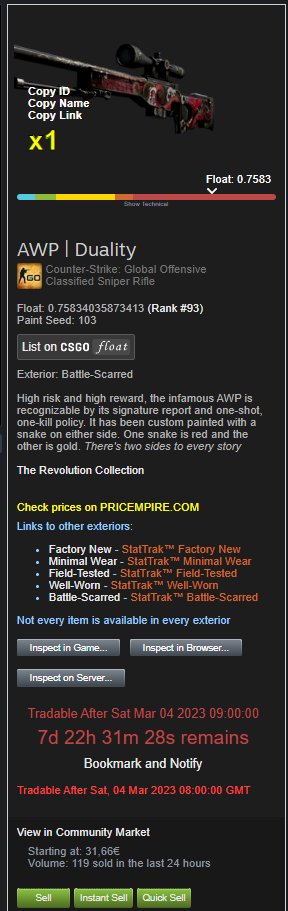 gemsrigregory's tweet photo. Just unboxed an AWP | Duality with 0.75 float, guess they fixed the float cap. https://t.co/AXwflCLJVJ