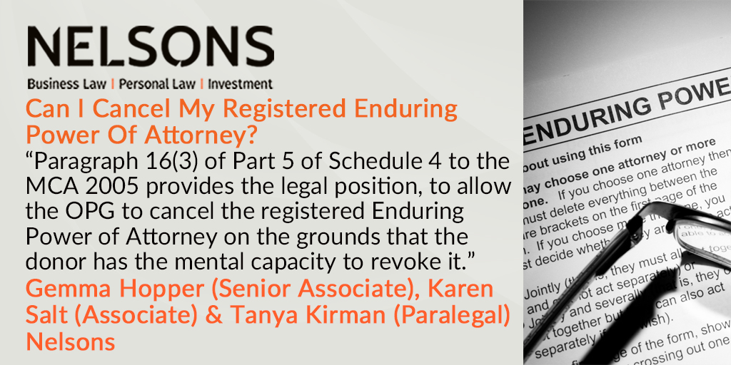 Nelsons_Law's tweet photo. Is it possible to cancel an #EnduringPowerofAttorney (#EPA)? Our latest #blog considers this question and outlines how we recently assisted one of our clients who wished to cancel her existing EPA: https://t.co/tUYkmuhOGS https://t.co/5tmXrXXwh4