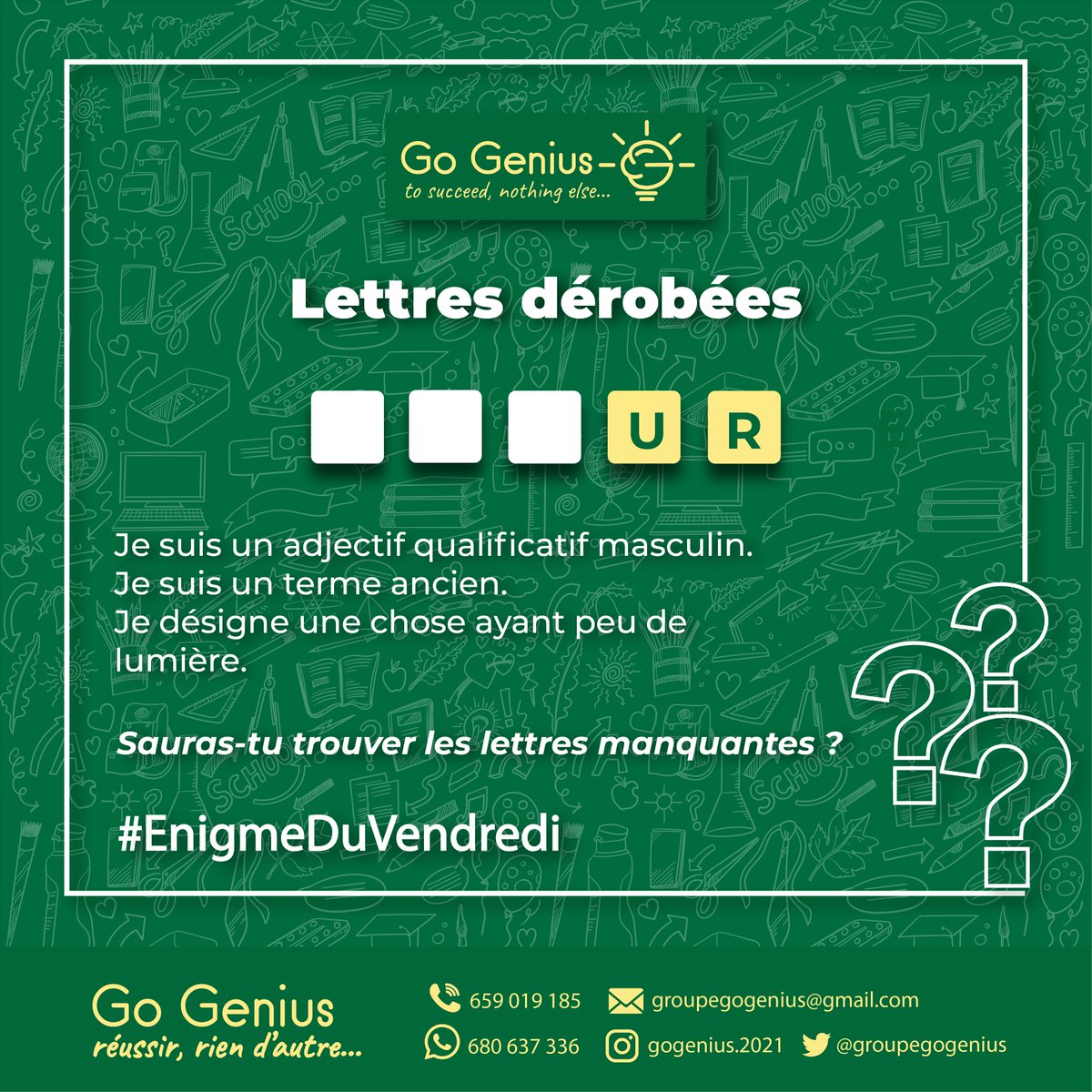 gogenius_2021's tweet photo. Trouveras-tu les lettres manquantes ?

#EnigmeDuVendredi https://t.co/EchclE5FYW