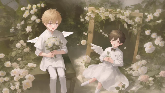 【AI生成絵】 #stablediffusion 学習モデルはcounterfeit天使の男の子が花に囲まれてるの良いよね!!と文字で訴えまくり何とか骨折してない良い感じの子が何枚かできたのがコレ 