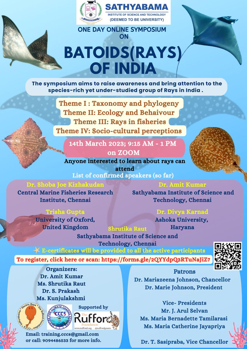 We invite you to the One-day online symposium on 'Batoids (Rays) of India' on 14th March 2023.
Register here:  forms.gle/2QYYdpQ3RTuNaJ…
Eligibility: Anyone interested to learn about rays😁
Please share widely 
@AmitKumar_ak14 @Prakash_caridea @KKunjulakshmi 
@SathyabamaSIST