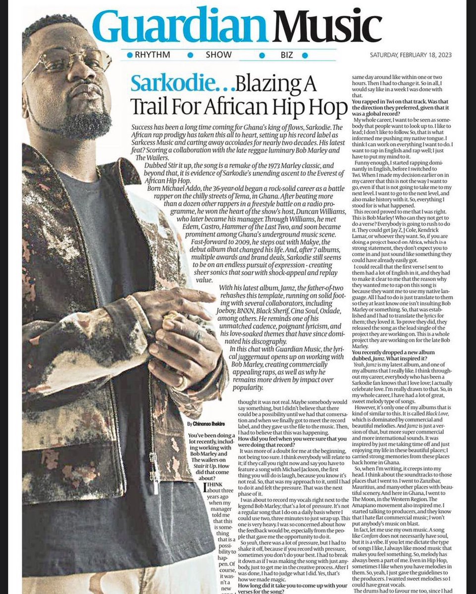 Sark_Daily's tweet photo. @sarkodie featured on Guardian Nigeria front page! He talked about his recent collaboration with the Legendary Bob Marley. 

Stir It Up: https://t.co/RgBGSxkra0 https://t.co/WKJKayVhUy
