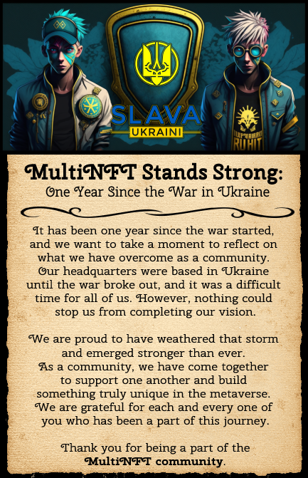 multinft's tweet image. 🔥 It's been a year since the war began and our company &amp;amp; HQ in Ukraine was affected. But nothing will stop us from completing our vision. 💪🌎

Share your thoughts and support with us. #MultiNFT #nevergiveup #SlavaUkraini #kiev #StopPutinNOW