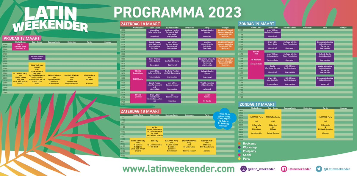 LatinWeekender's tweet image. 𝗛𝗲𝘁 𝗯𝗹𝗼𝗸𝗸𝗲𝗻𝘀𝗰𝗵𝗲𝗺𝗮 𝗶𝘀 𝗯𝗲𝗸𝗲𝗻𝗱! 💥

Latin Lovers! We gaan drie dagen lang genieten optimaal genieten van de Latin Lifestyle 🤩

Van Salsa tot Kizomba, van Bachata tot Caribbean en nog veel meer! Het wordt een groot feest 💃🕺

👉 latinweekender.com/programma