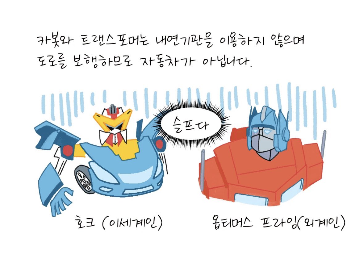 자동차는 다음과 같이 정의할 수 있습니다!🚘🚗

“차체에 설치된 엔진 등의 동력을 이용하여 레일에 의지하지 않고 도로상을 자유롭게 주행할 수 있는 운반구”

그렇가면 카봇과 트랜스포머는 자동차일까요?