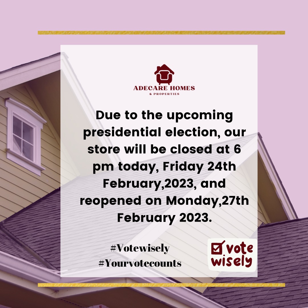 AdecareHomes's tweet image. Lets vote wisely and stay safe.

Adecares
#adecarehomesandproperties #properties #votewisely #votevotevote #vote #NewNigeria2023