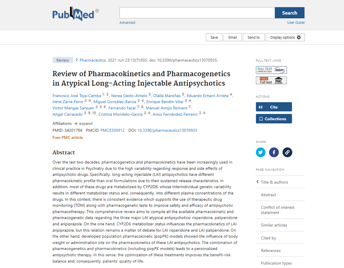 📑 Hoy os traemos una revisión de la farmacocinética y la farmacogenética de los #antipsicóticos inyectables atípicos de acción prolongada 💉. 

👉pubmed.ncbi.nlm.nih.gov/34201784/

<a href="/kikotoja/">Kiko Toja</a> <a href="/cris_mondelo/">Cristina Mondelo</a> <a href="/kikebandin/">Kike Bandin</a>
#ScienceFarmaChusLab