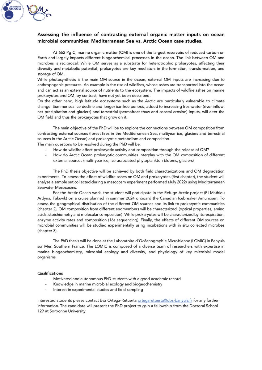 ortegaretuerta's tweet photo. Hola! I am looking for candidates to apply for funding to the SU doctoral school to do your PhD at @LOMIC_UMR7621. Project: Assessing the influence of contrasting external organic matter inputs on ocean microbial communities: Mediterranean Sea vs. Arctic Ocean case studies. https://t.co/w177OWkoN6