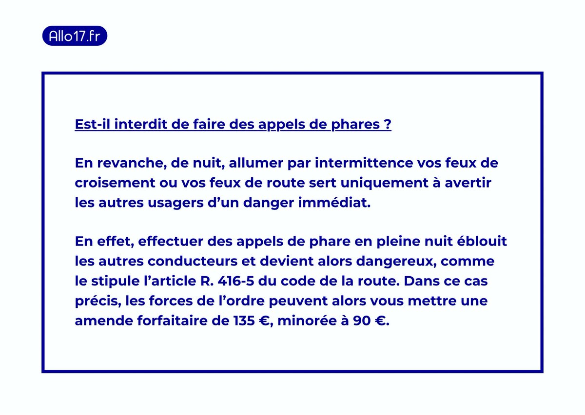 Allo17FR's tweet photo. En revanche, de nuit, allumer par intermittence vos feux de croisement ou vos feux de route sert uniquement à #avertir les autres #usagers d’un #danger immédiat. https://t.co/GekGbtDYTk