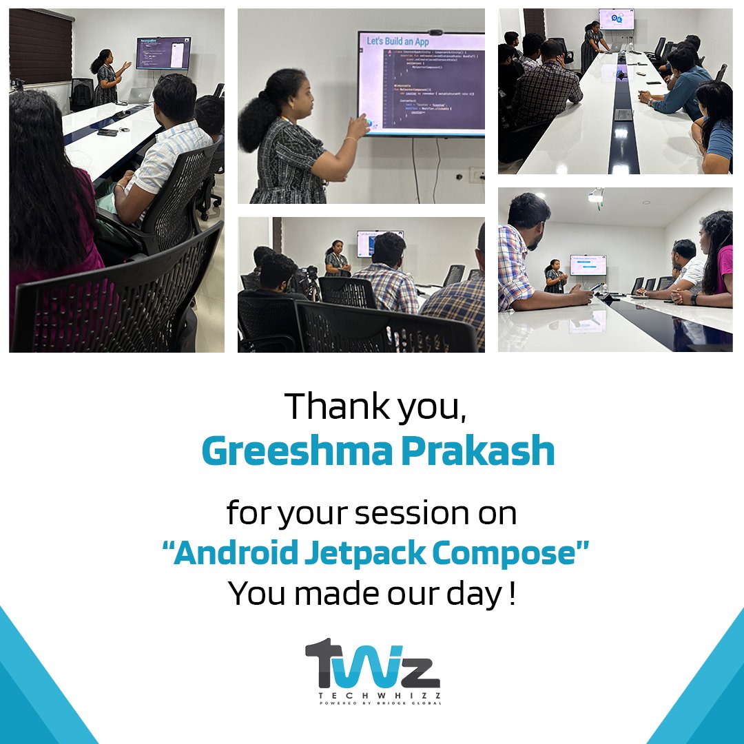 Bridge_Tweed's tweet image. Here’s a quick glimpse into one of our internal training sessions as part of #TechWhizz. It was an insightful one on #Android #JetpackCompose by Greeshma Prakash. Thank you :-)

#kotlin #androidstudio #androiddev #tech #flutter #kotlinmultiplatform #techcommunity #technology