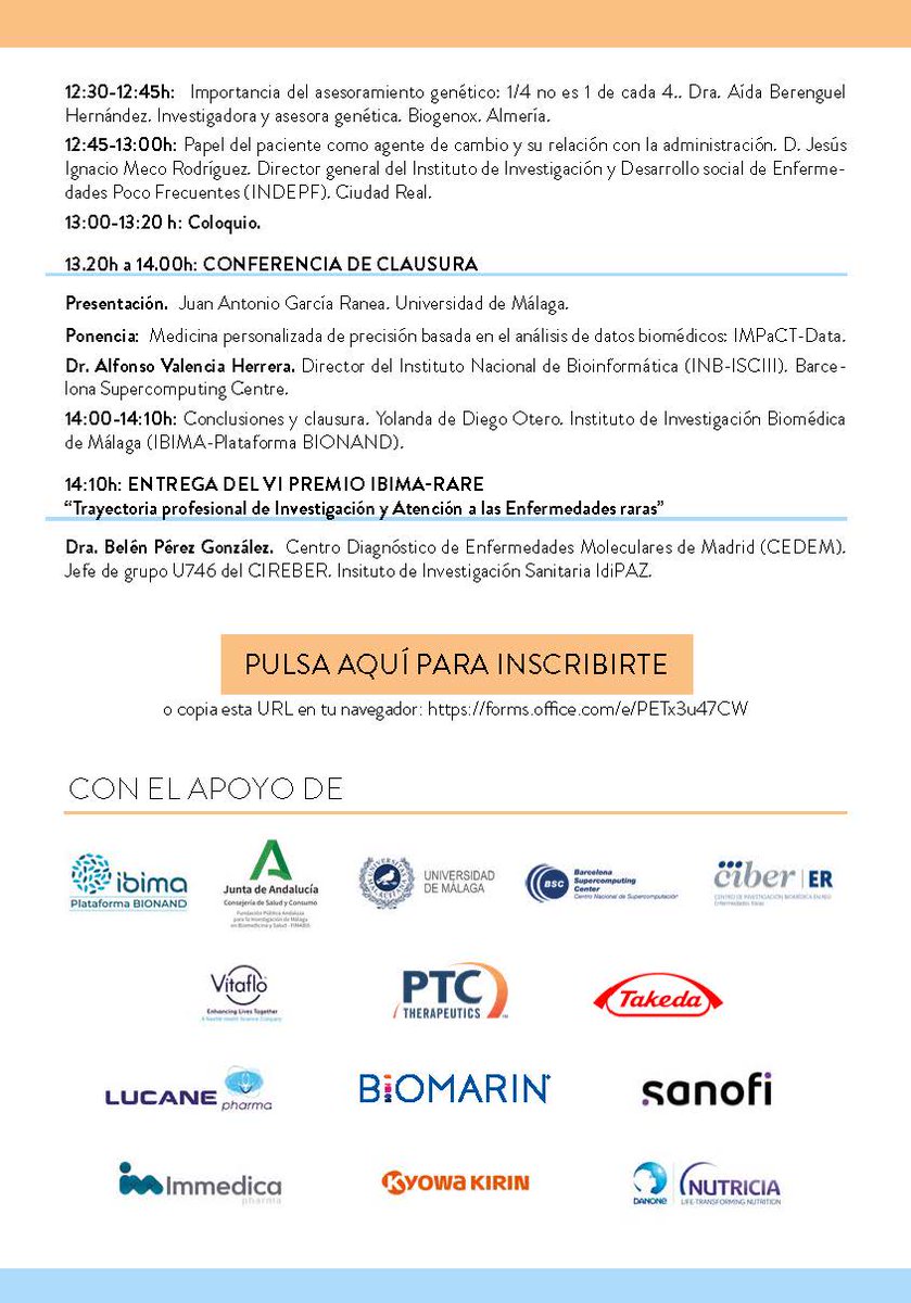 <a href="/IBIMA_Rare/">IBIMA-Rare</a> 
forms.office.com/e/PETx3u47CW
IX Jornada Interdisciplinar en Avances sobre Enfermedades Raras organizada por el área IBIMA-Rare. Se celebrará el día 3 de Marzo de 2023 9-15h,  salón de actos del Rectorado de la Universidad de Málaga. Avd. Cervantes, 2.