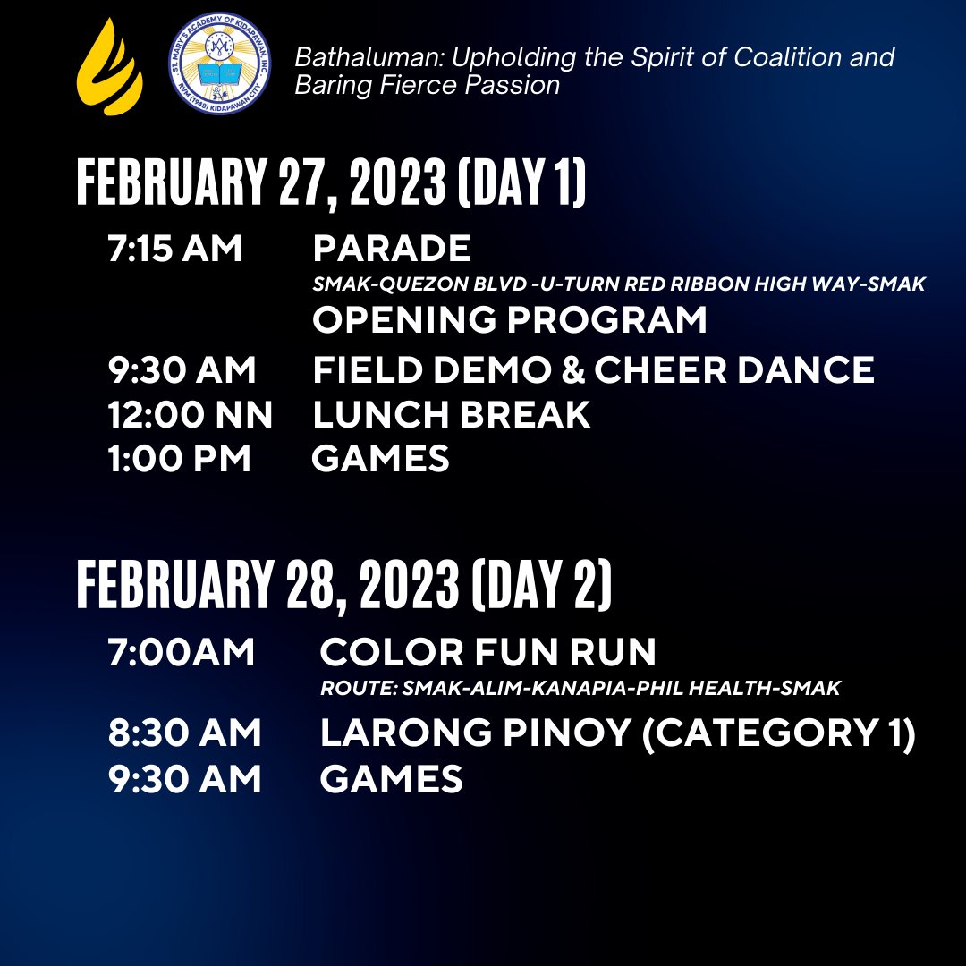 smak_edu's tweet photo. Mark your calendars and get ready for an action-packed day of sports and fun. Check out the schedule of activities for the upcoming intramurals. 
#SMAKINTRAMS2023
#BATHALUMAN
#SMAKLAUNCHINGDIAMONDJUBILEE https://t.co/SNOkFk4By7