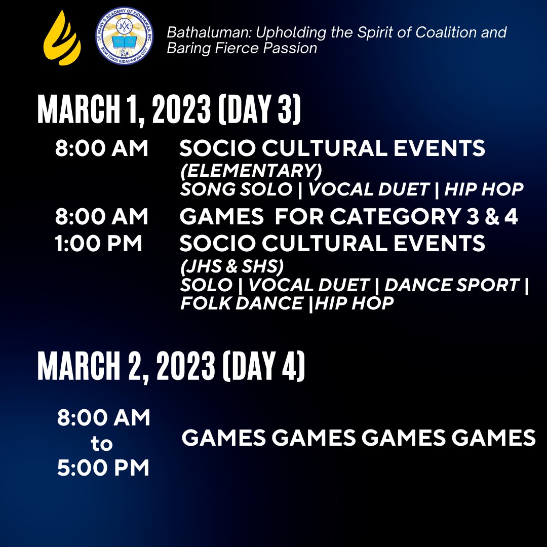 smak_edu's tweet photo. Mark your calendars and get ready for an action-packed day of sports and fun. Check out the schedule of activities for the upcoming intramurals. 
#SMAKINTRAMS2023
#BATHALUMAN
#SMAKLAUNCHINGDIAMONDJUBILEE https://t.co/SNOkFk4By7