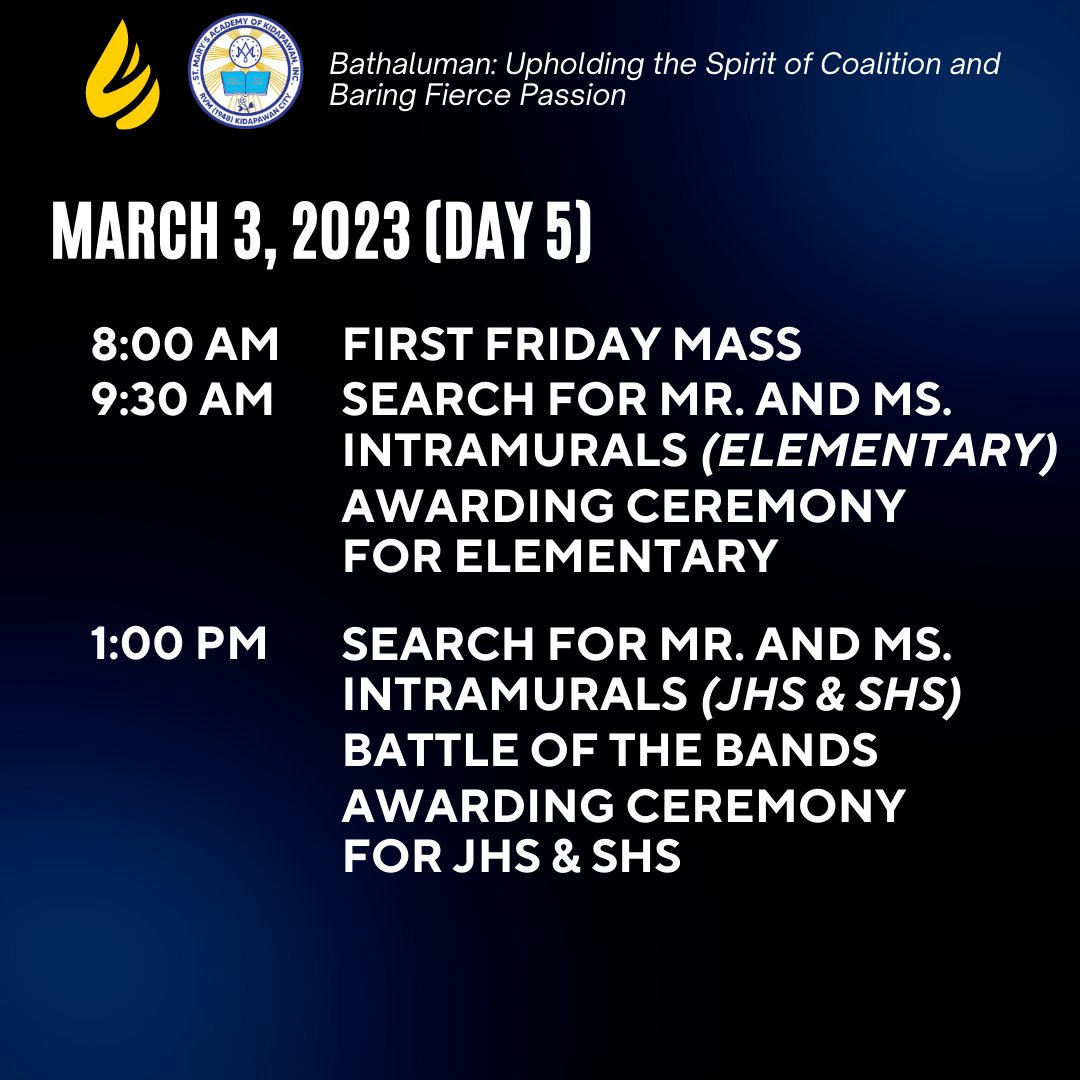 smak_edu's tweet photo. Mark your calendars and get ready for an action-packed day of sports and fun. Check out the schedule of activities for the upcoming intramurals. 
#SMAKINTRAMS2023
#BATHALUMAN
#SMAKLAUNCHINGDIAMONDJUBILEE https://t.co/SNOkFk4By7