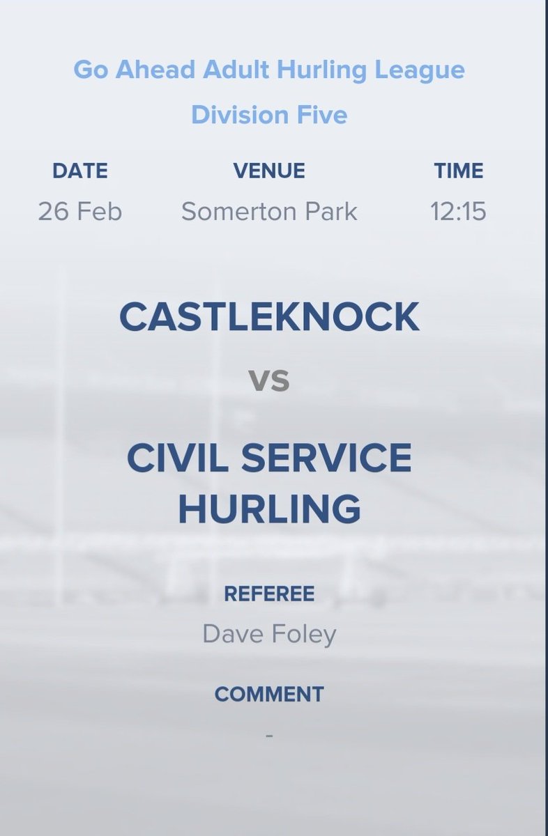 #GoAheadAHL5

Castleknock 
🆚️
<a href="/CServicehurling/">Civil Service Hurling Club</a>

📅 Sun 26th February 
🕑 12.15pm
📍Somerton 

(2/4)