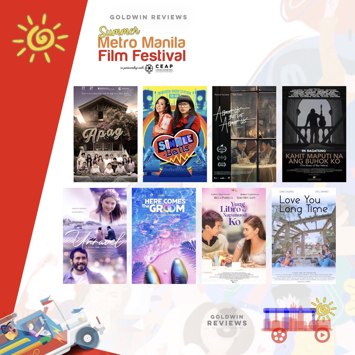 Anong papanuorin niyo sa
SUMMER MMFF ENTRIES ?

1️⃣ #Apag 
2️⃣ #SingleBells 
3️⃣ #AboutUsButNotAboutUs 
4️⃣ #KahitMaputiNaAngBuhokKo
5️⃣ #UnRavelASwissSideStory
6️⃣ #HereComesTheGroom 
7️⃣ #YungLibroSaNapanuodKo 
8️⃣ #LoveYouLongTime 

#goldwinreviews #2023SummerMMFF #SummerMMFF2023