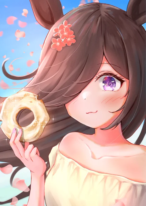 白いオールドファッションとライスちゃんそれと、ウマ娘2周年おめでとうございます!#ライスシャワー 