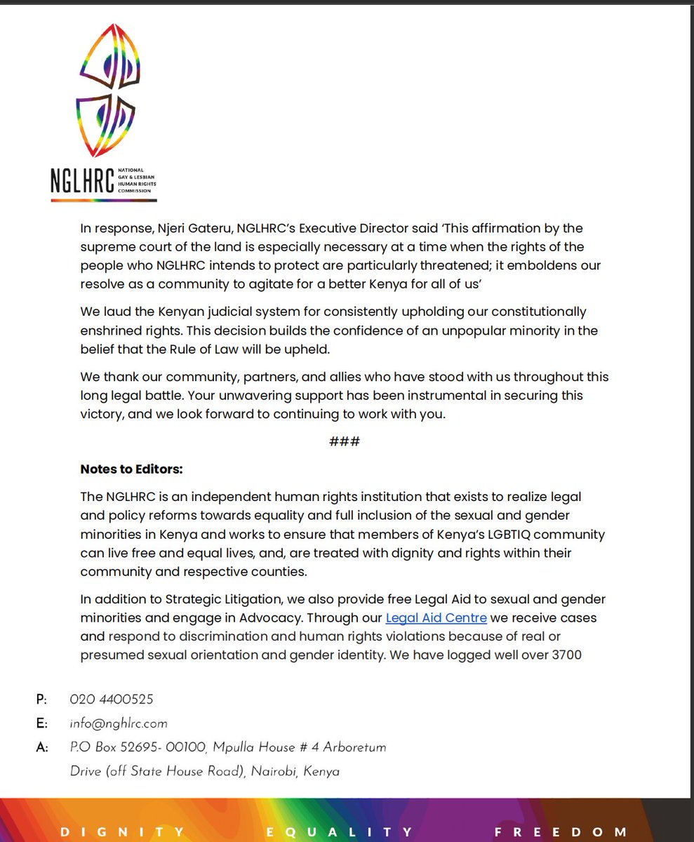 INENDorg's tweet photo. At a time when the Kenyan LGBTIQ+ Community is decrying the increased targeting and violence, this SCORK decision affirms the spirit and intention of the
constitution to protect all Kenyans and guarantee their rights. @NGLHRC 
 #JusticeForAll #GayRightsAreHumanRights https://t.co/FHmw09HEV3