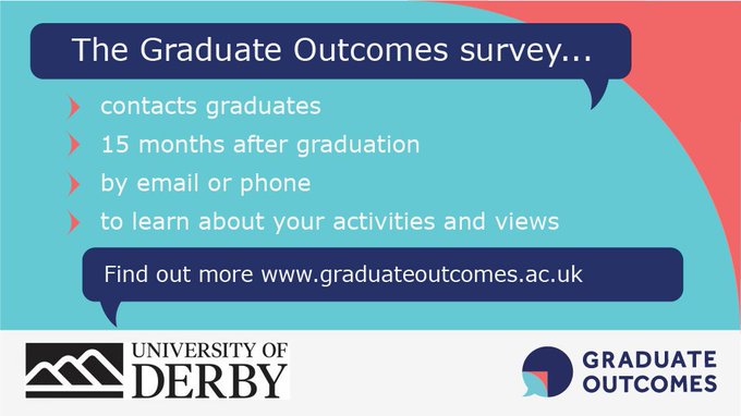 Calling all recent @DerbyUni graduates! 

15 months after you complete your #GeoEnergy course with us, you’ll receive the #GraduateOutcomes survey via email @derbyunistudent @DerbyUnion

Your voice matters!

Find out more ⬇️
graduateoutcomes.ac.uk