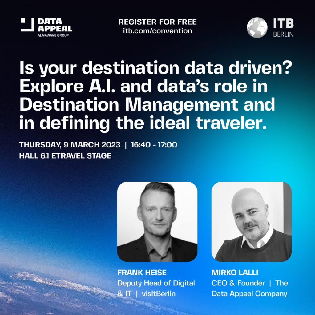 On the final day of #ITBBerlin2023, don't miss this dynamic speech led by <a href="/mkl/">Mirko Lalli</a> and Frank Heise. Learn how #DestinationManagement can benefit from #AI and #data to create an optimal experience for travellers in today's digital world.

Join us: bit.ly/3j1BLEd