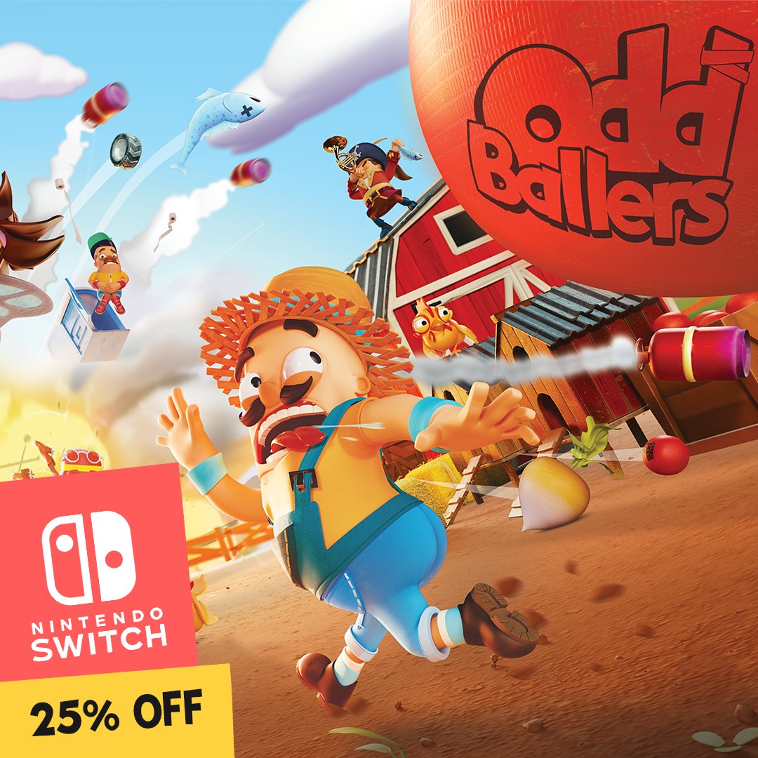 A farmer runs away from huge red ball on which is written OddBallers. In the background, other characters throw objects at each others.
At the bottom left corner is shown the Nintendo Switch logo as well as 25% off written below.