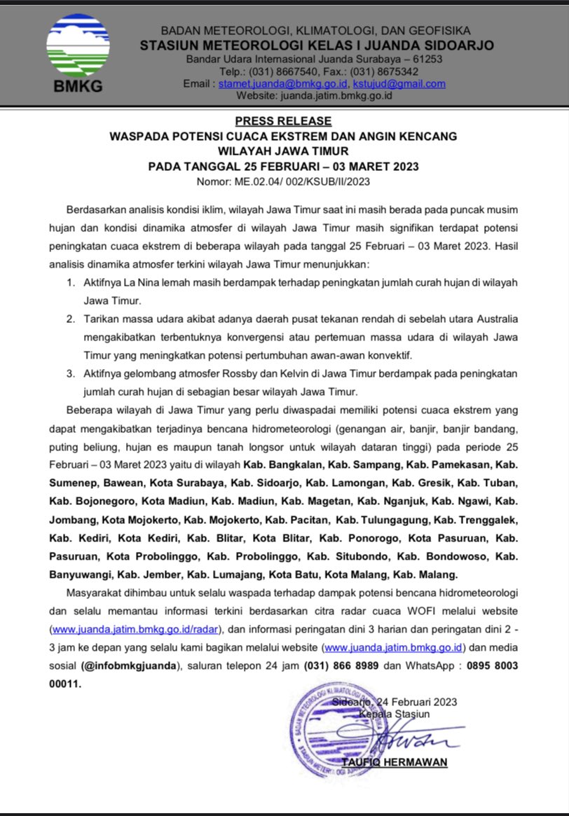 PRESS RELEASE
WASPADA POTENSI CUACA EKSTREM DAN ANGIN KENCANG WILAYAH JAWA TIMUR
TANGGAL 25 FEBRUARI – 03 MARET 2023